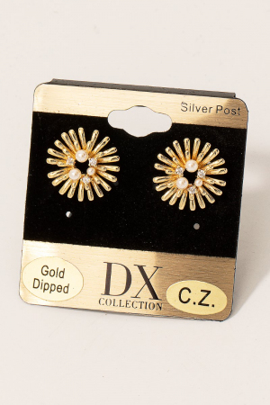 Gold Dipped Cz And Pearl Sunburst Stud Earrings