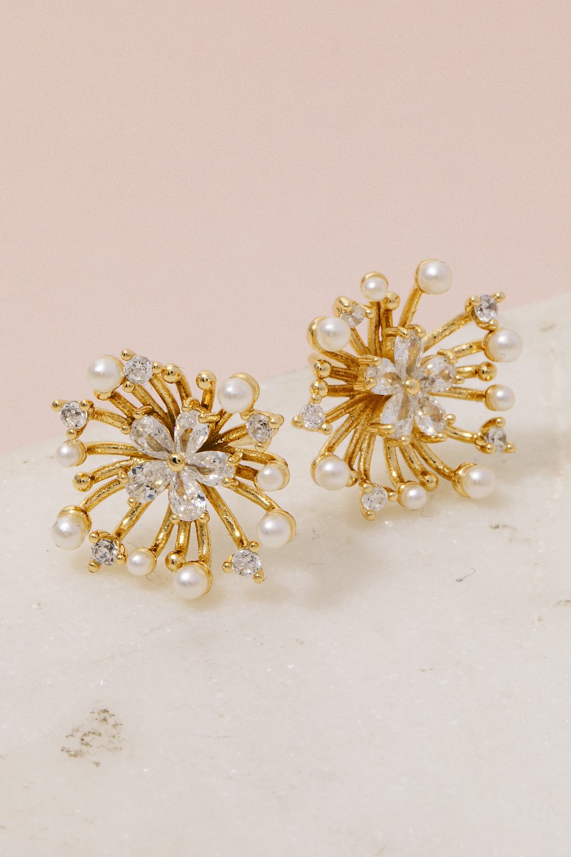 Gold Dipped Cz Pearl Flower Stud Earrings