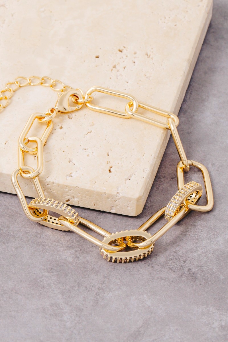 Gold Dipped Mixed Ovals Cz Chain Link Bracelet