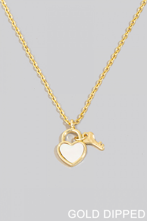 Gold Dipped Mother Of Pearl Heart Lock And Key Charms Chain Necklace