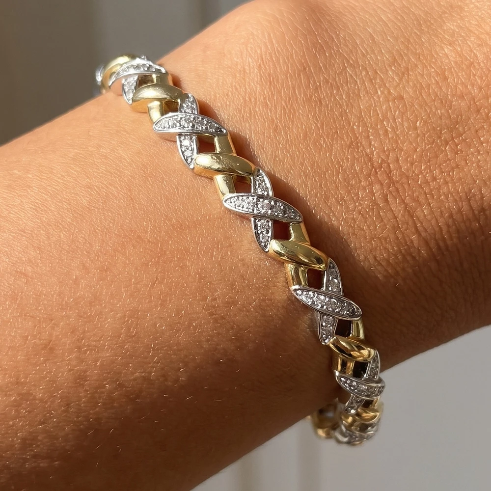Two Tone Pave Cz X Link Hinged Bangle