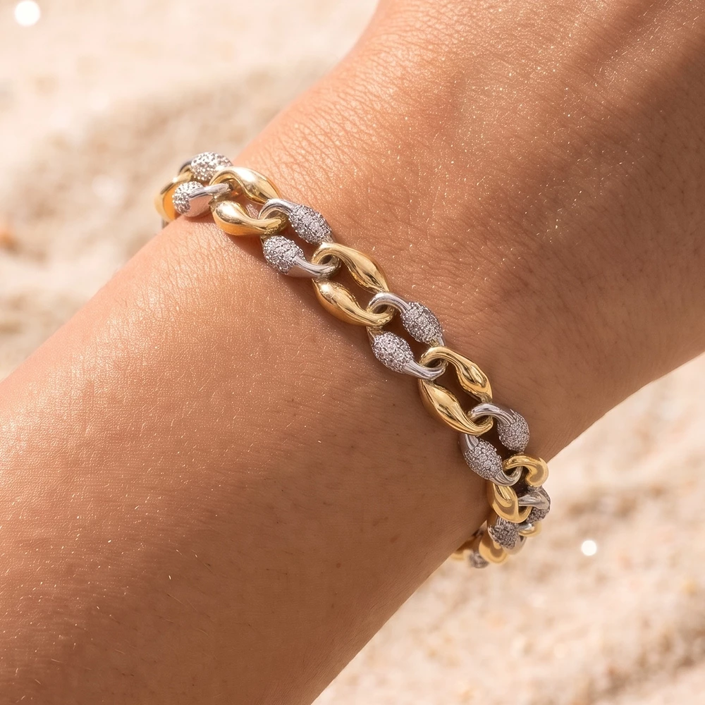 Two Tone Pave Cz Mariner Link Hinged Bangle