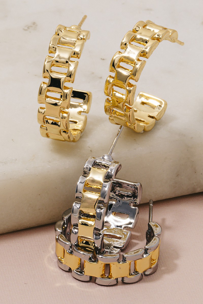 Gold Dipped Two Tone Watch Chain Hoop Earrings