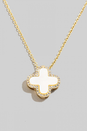 Gold Dipped Cz Halo Shell Clover Pendant Necklace