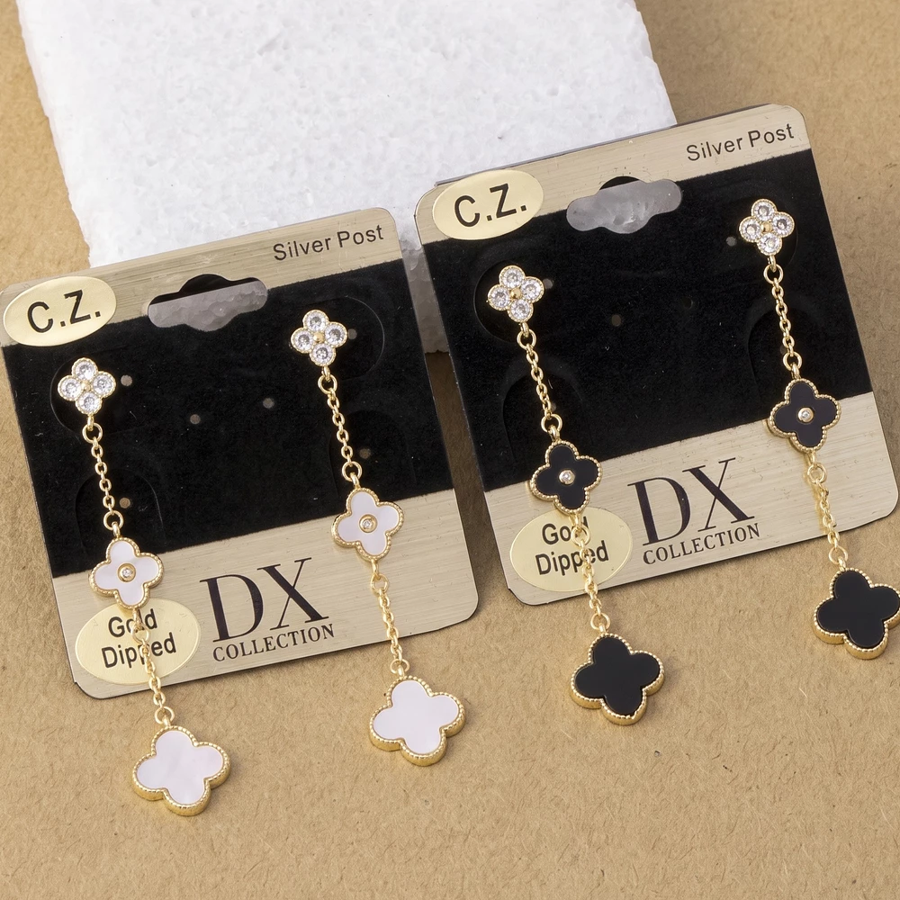 Gold Dipped Cz Clover Station Drop Earrings