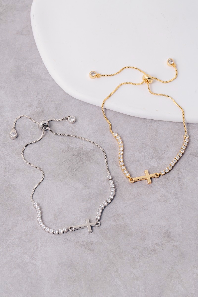 Cross Charm Cz Chain Adjustable Bracelet