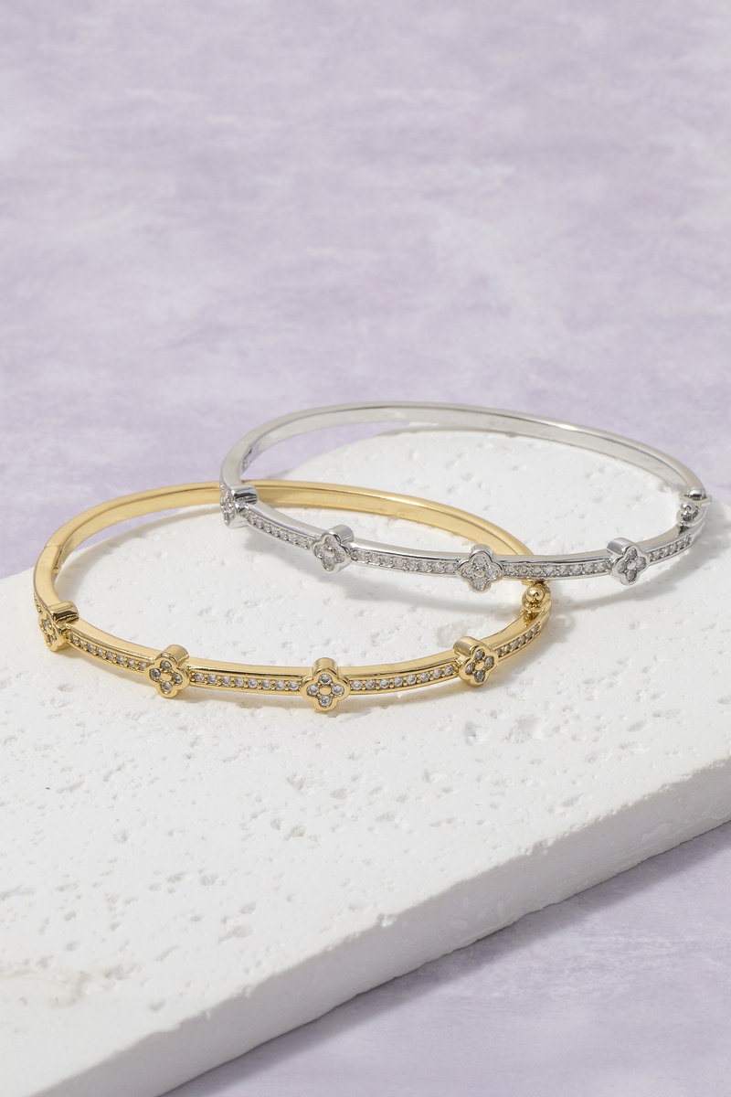 Gold Dipped Cz Pave Clover Station Bangle Bracelet
