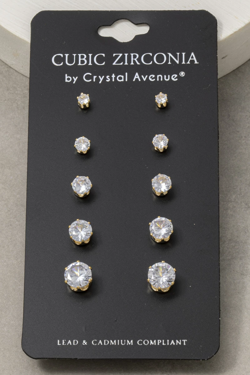 Graduated Cz Round Stud Earrings 5 Pair Set