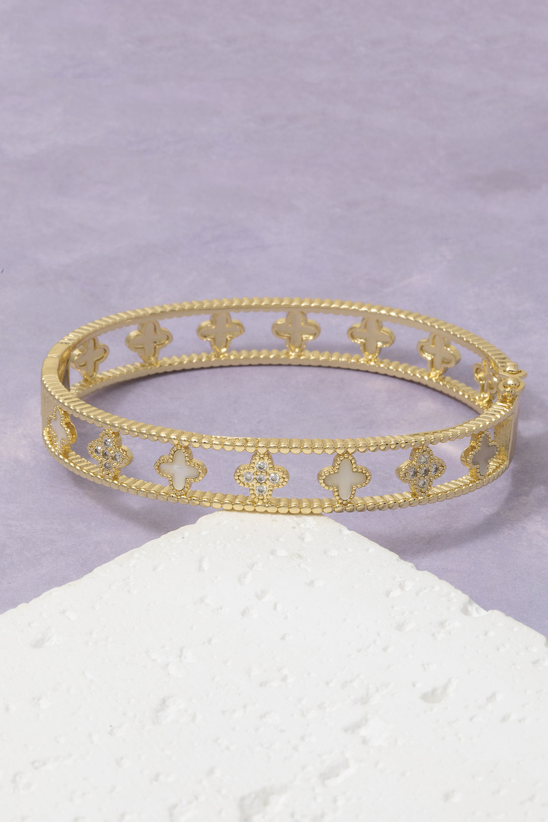 Gold Dipped Clover Cz Bangle Bracelet