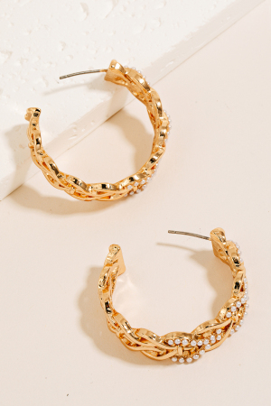 Pearl Studded Woven Metallic Hoop Earrings