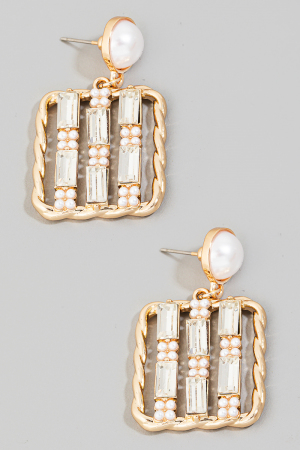 Rhinestone And Pearl Square Dangle Earrings
