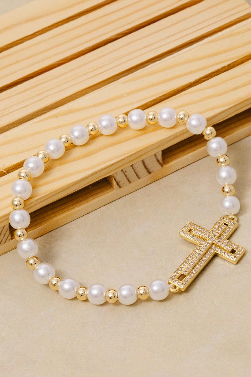Gold Dipped Cz Cross Pearl Beads Bracelet