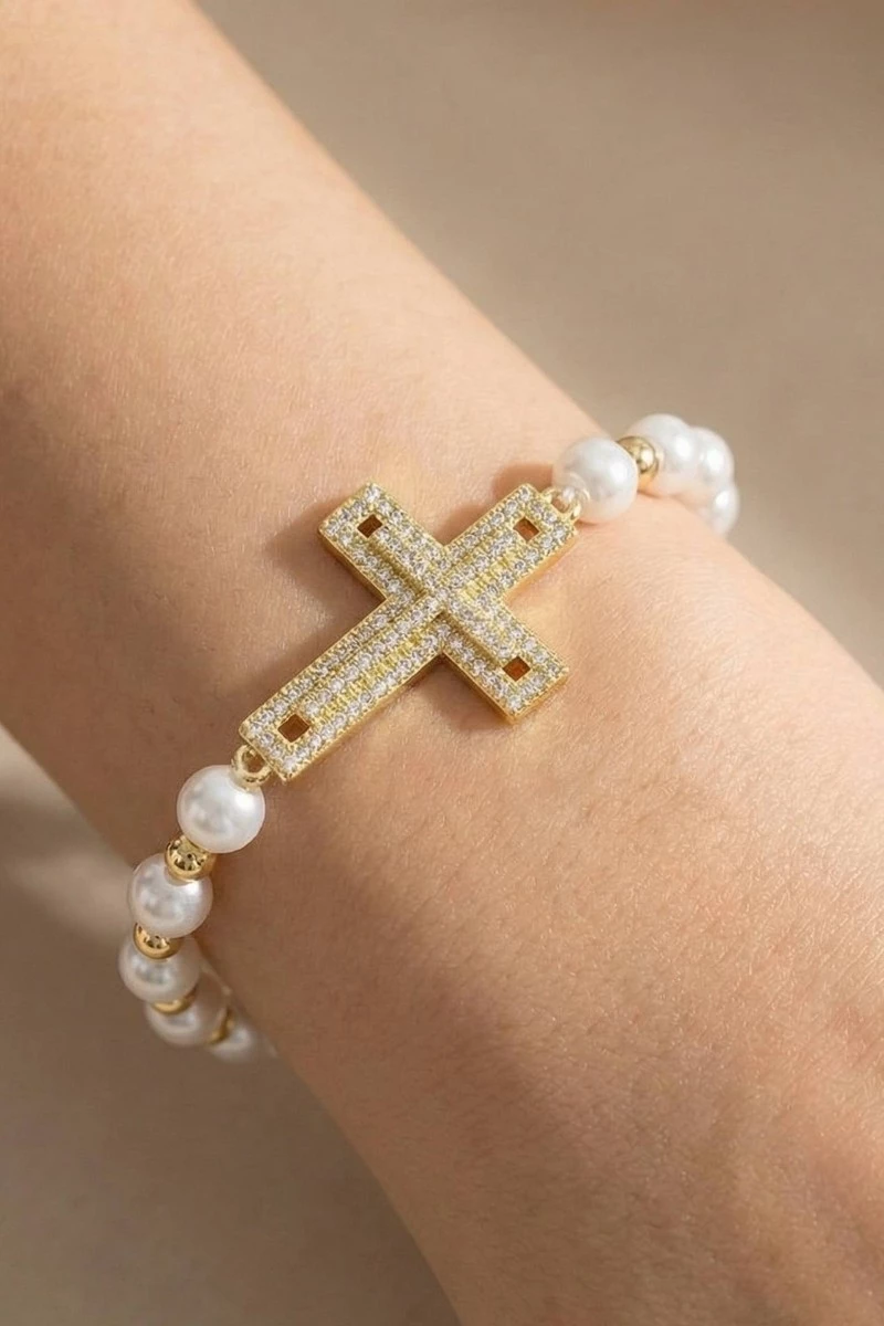 Gold Dipped Cz Cross Pearl Stretch Bracelet