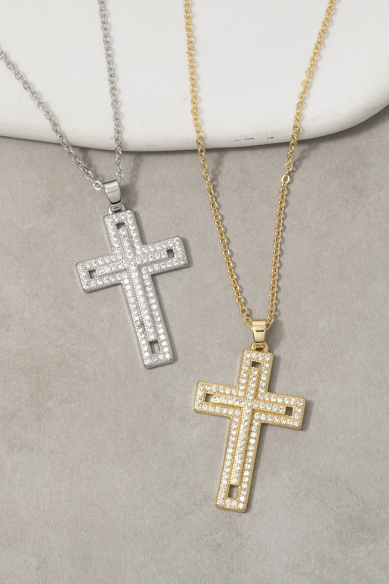 Gold Dipped Cz Pave Cross Pendant Necklace