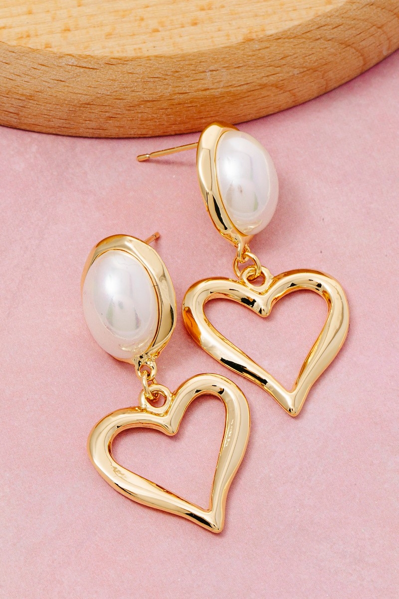 Gold Dipped Oval Pearl And Heart Dangle Earrings