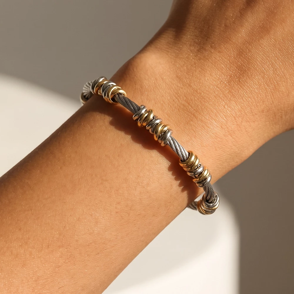 Two Tone Beaded Cable Wire Bangle Bracelet