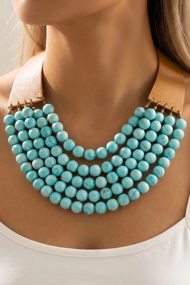 Turquoise Beads And Faux Leather Statement Necklace