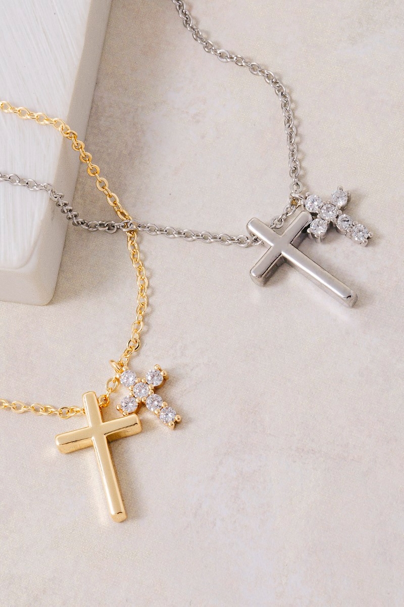 Gold Dipped And Cz Cross Charms Necklace