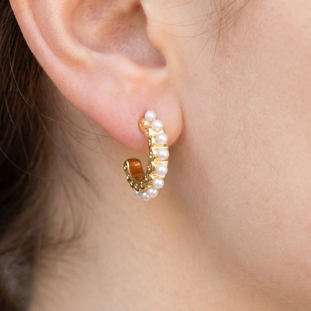 Gold Dipped Pearl Accent Huggie Hoop Earrings
