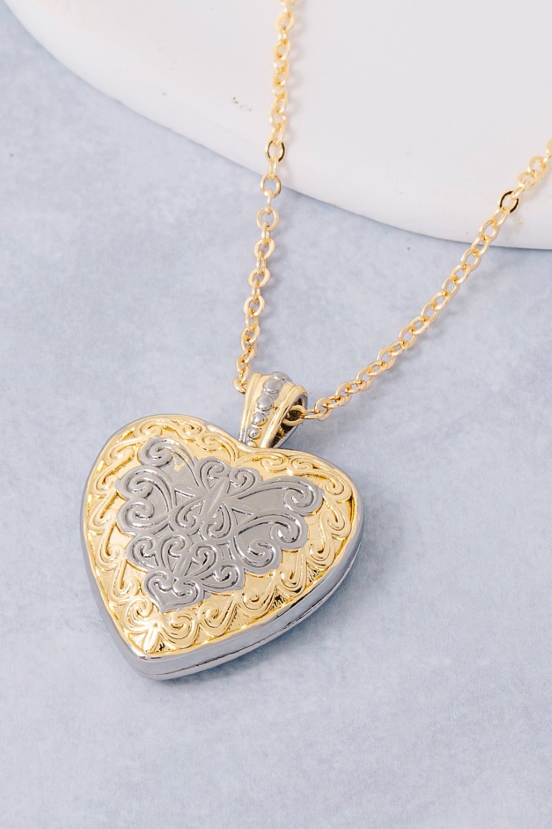 Two Tone Filigree Heart Pendant Necklace