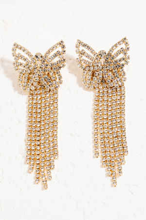 Rhinestone Pave Fringe Ribbon Bow Stud Drop Earrings