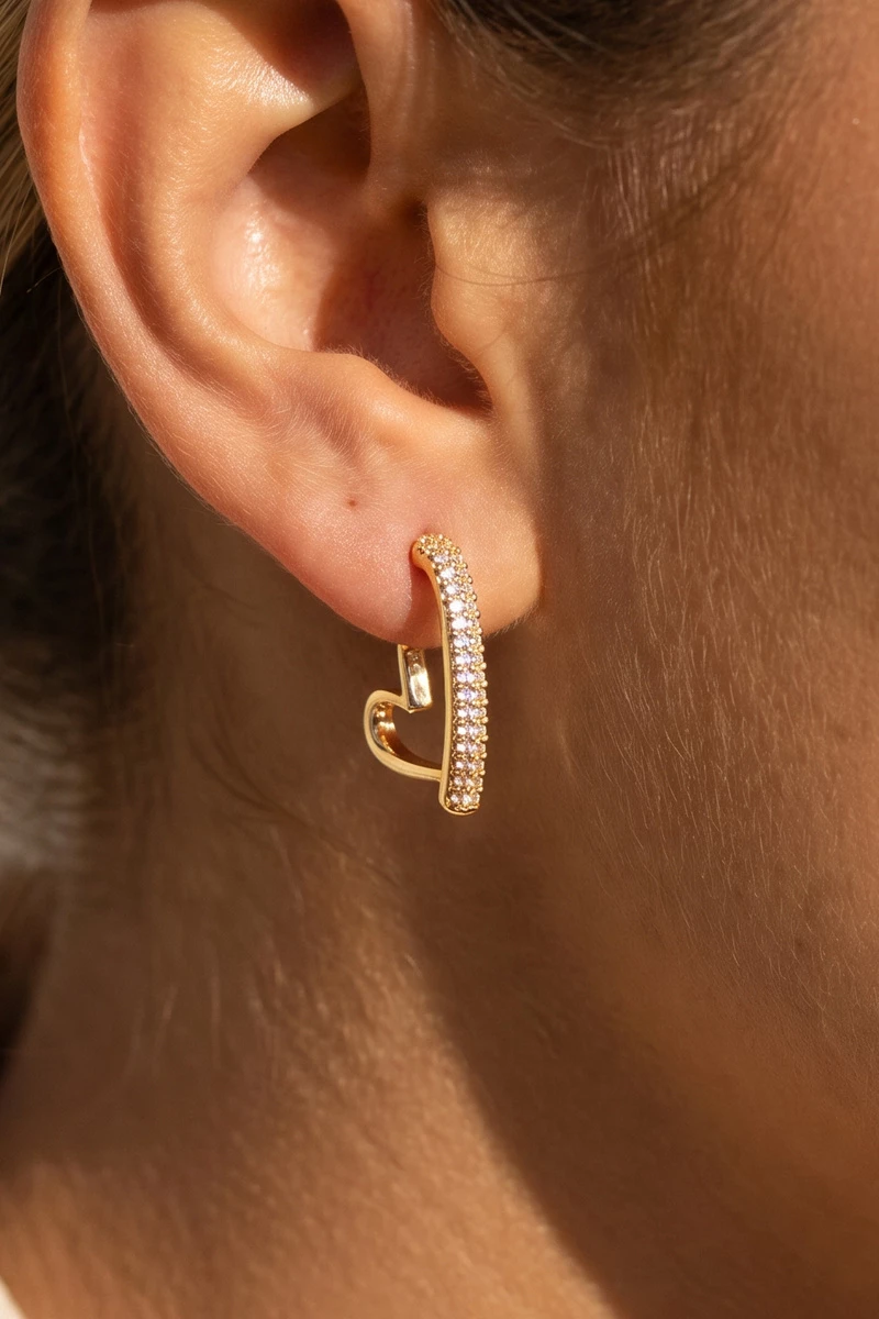 Half Pave Cz Open Heart Hoop Earrings