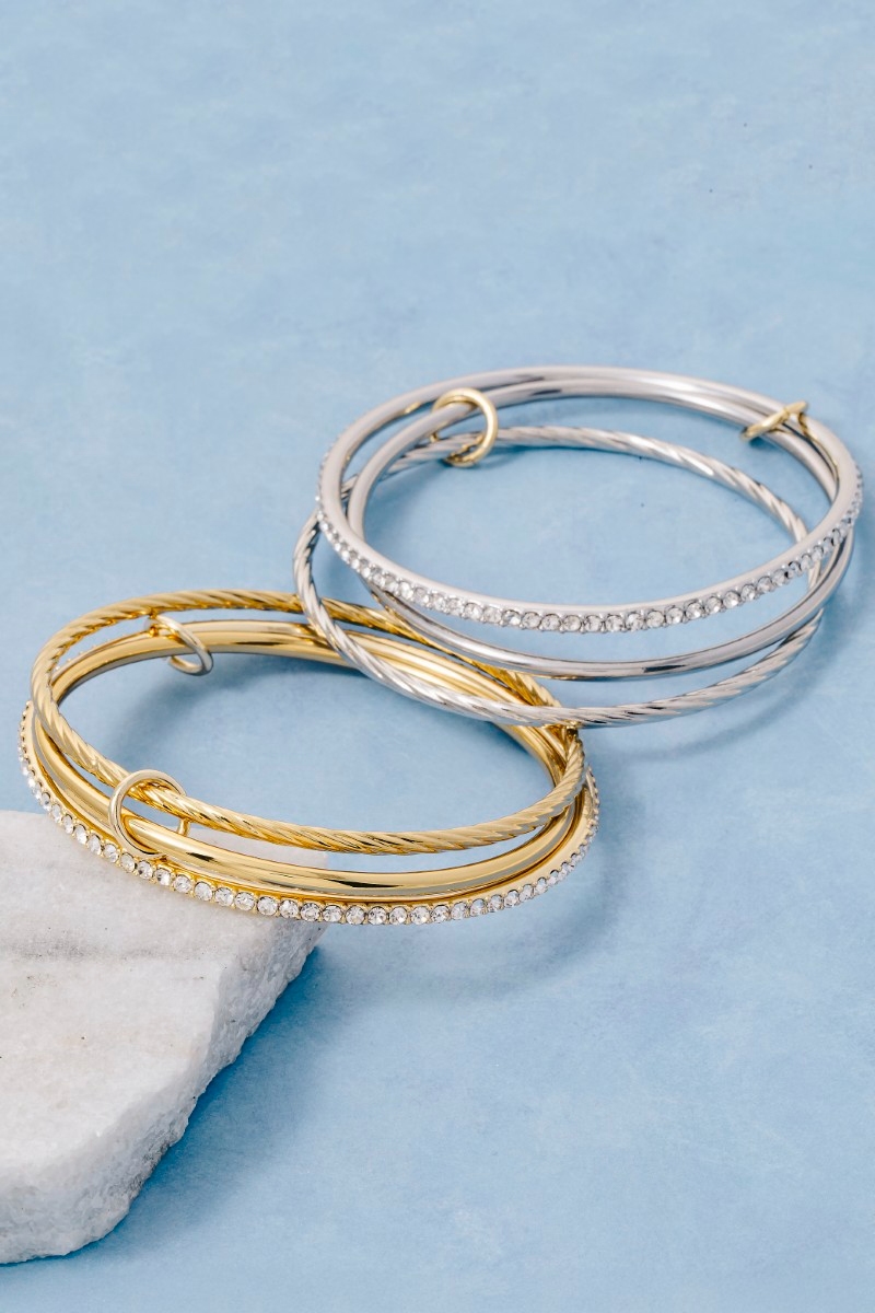 Gold Dipped Stainless Steel Cz Layered Bangle Bracelet Set