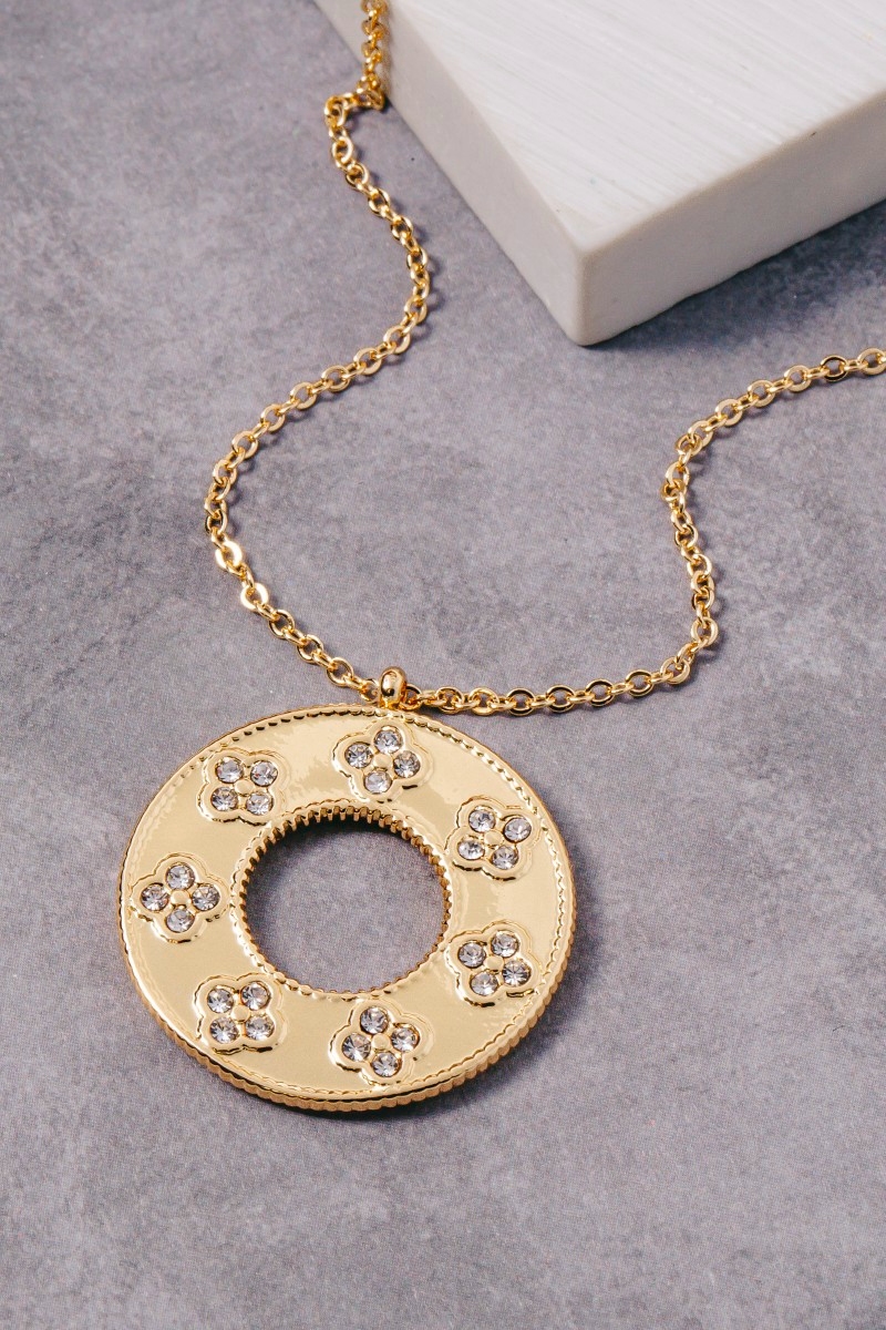 Studded Clovers Hoop Pendant Necklace