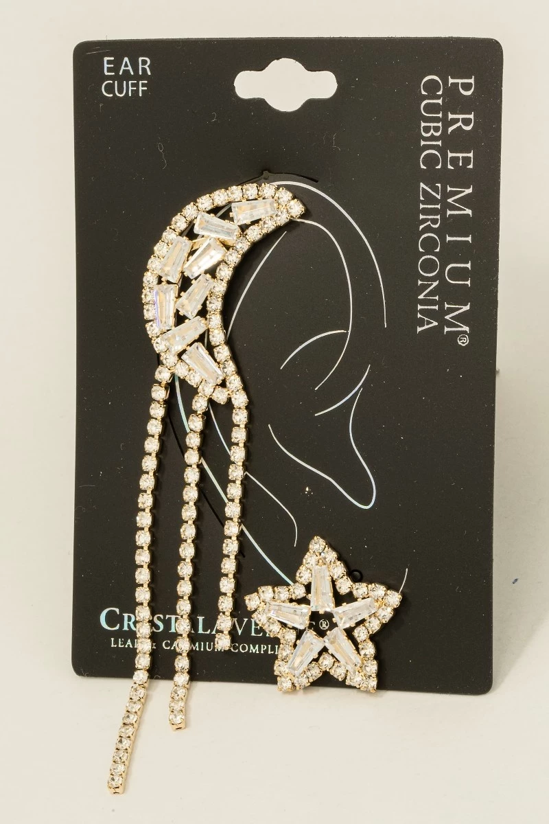 Moon Ear Cuff And Star Stud Cz Earrings Set