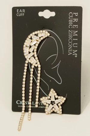Moon Ear Cuff And Star Stud Cz Earrings Set