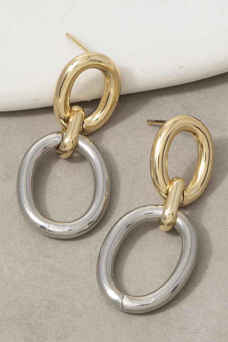 Two Tone Double Oval Link Drop Earrings