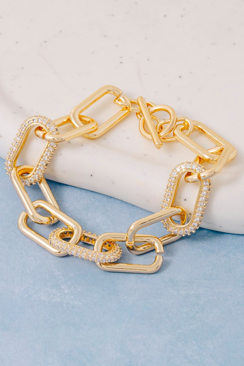 Gold Dipped Simple Cz Oval Toggle Chain Bracelet