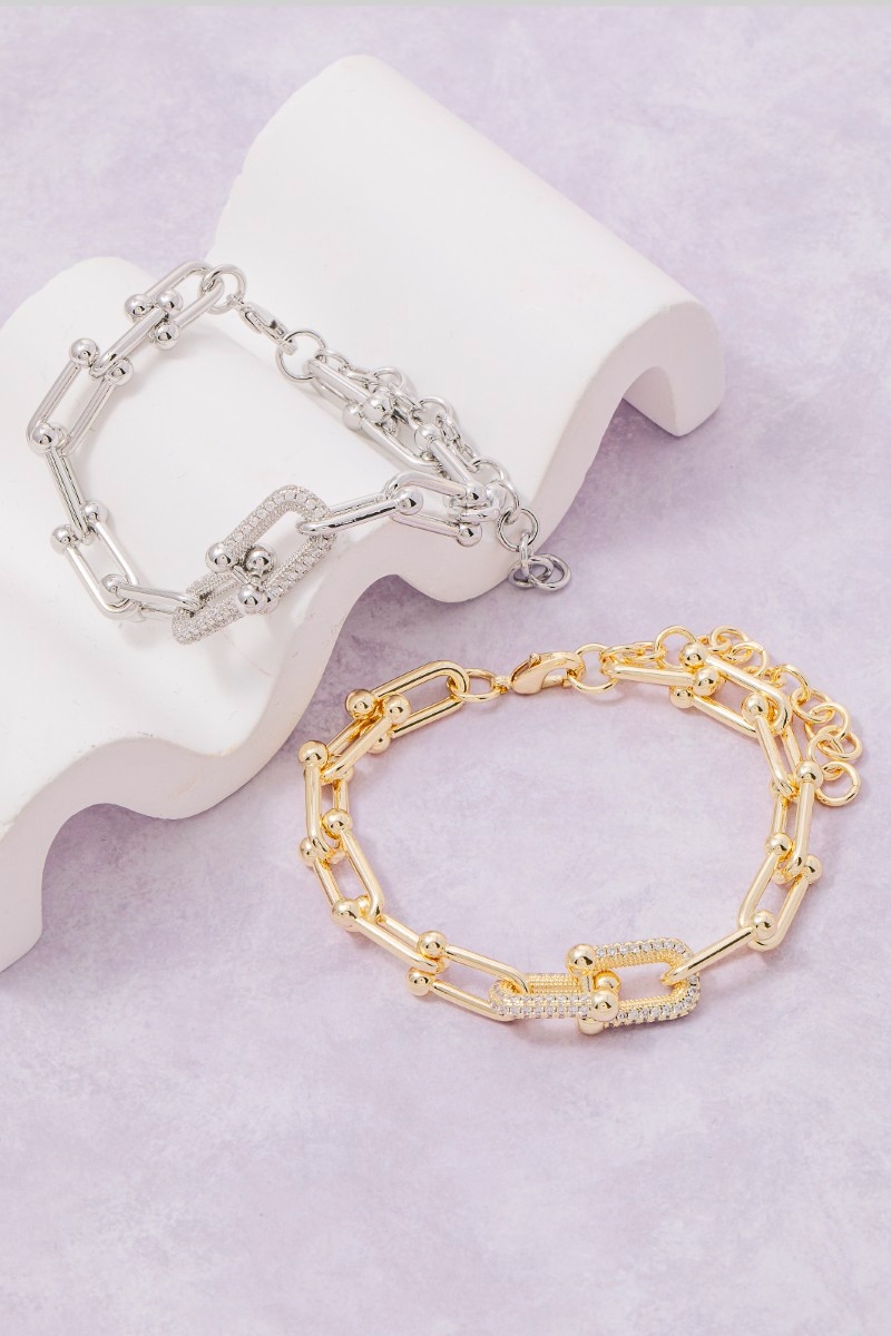 Gold Dipped Cz Pave U Link Chain Bracelet