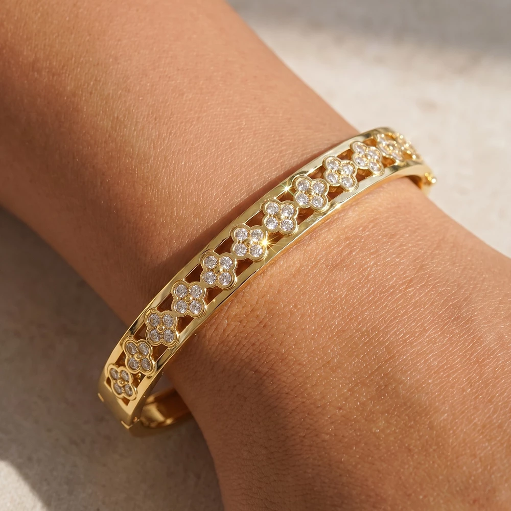 Cz Flower Station Cutout Hinged Bangle Bracelet
