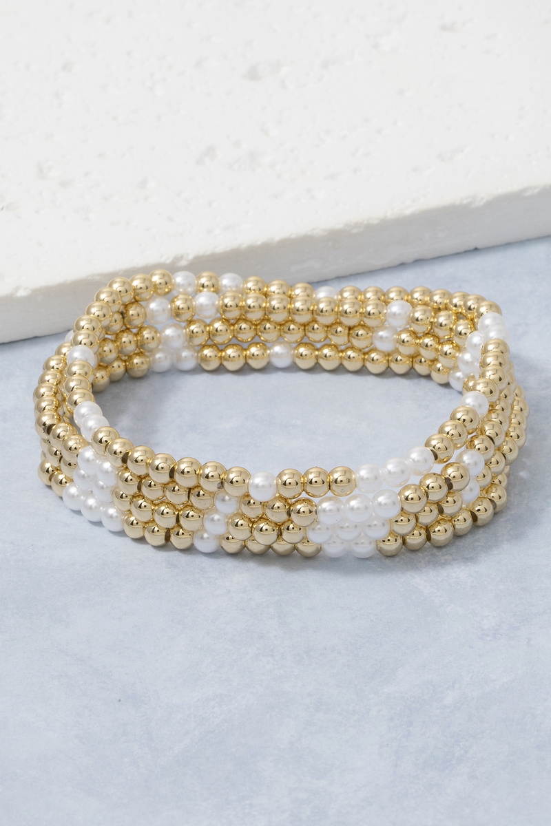 Gold Dipped Pearl And Bead Stretch Bracelet Set