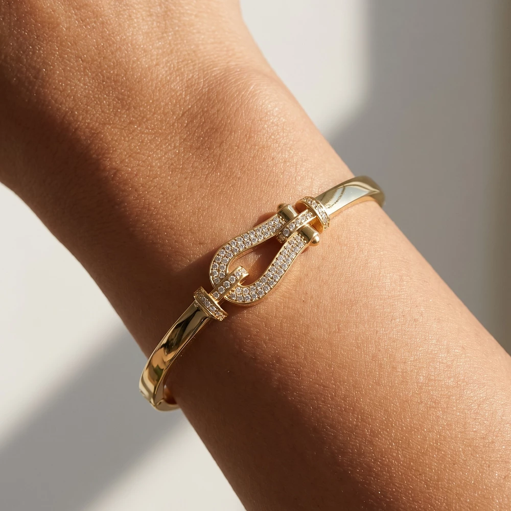 Cz Pave Buckle Horseshoe Hinged Bangle Bracelet