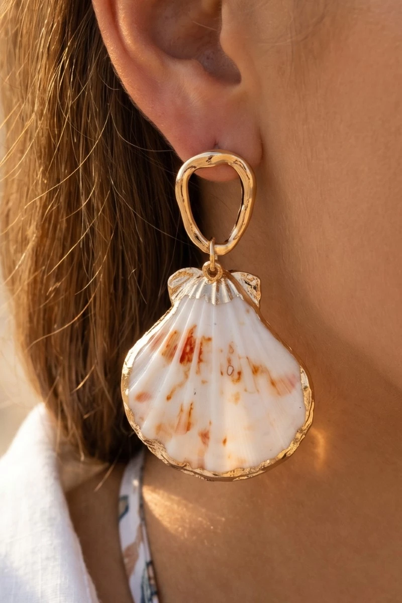 Clam Shell Charm Hoop Stud Drop Earrings