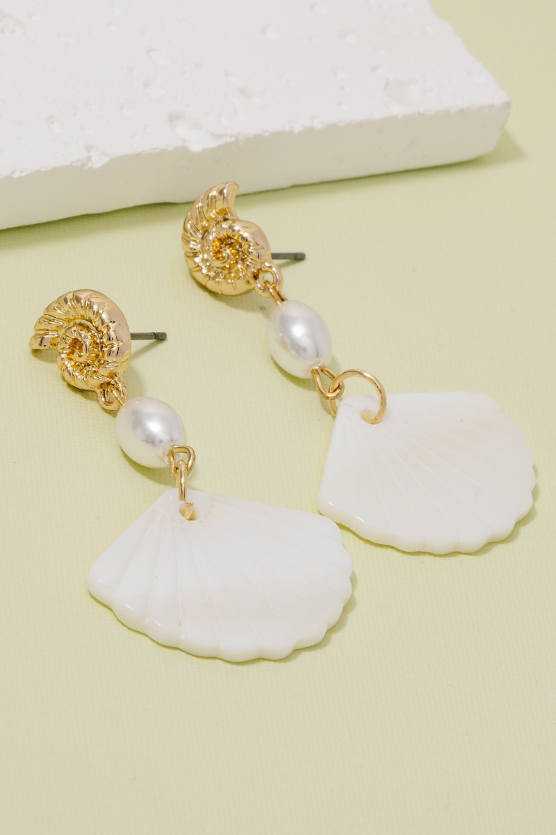 Sea Shell And Pearl Bead Dangle Earrings