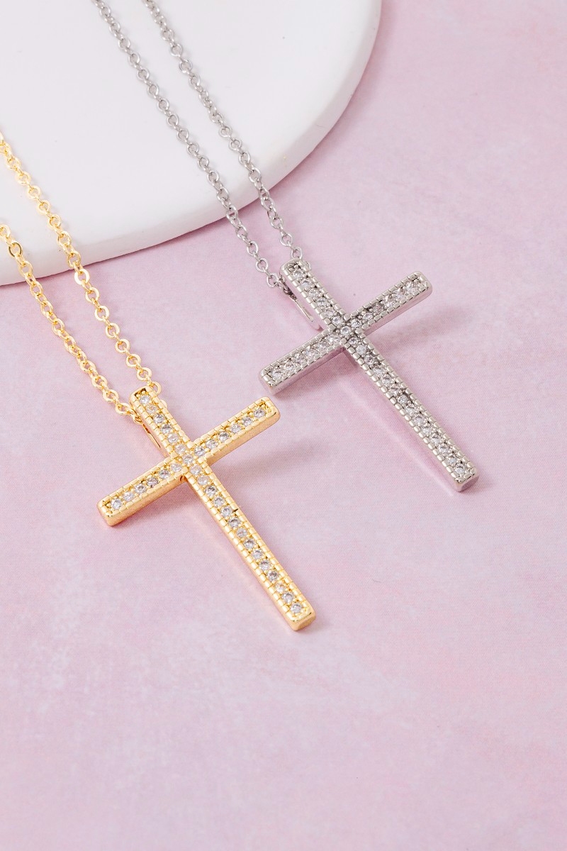 Gold Dipped Cz Pave Cross Pendant Necklace