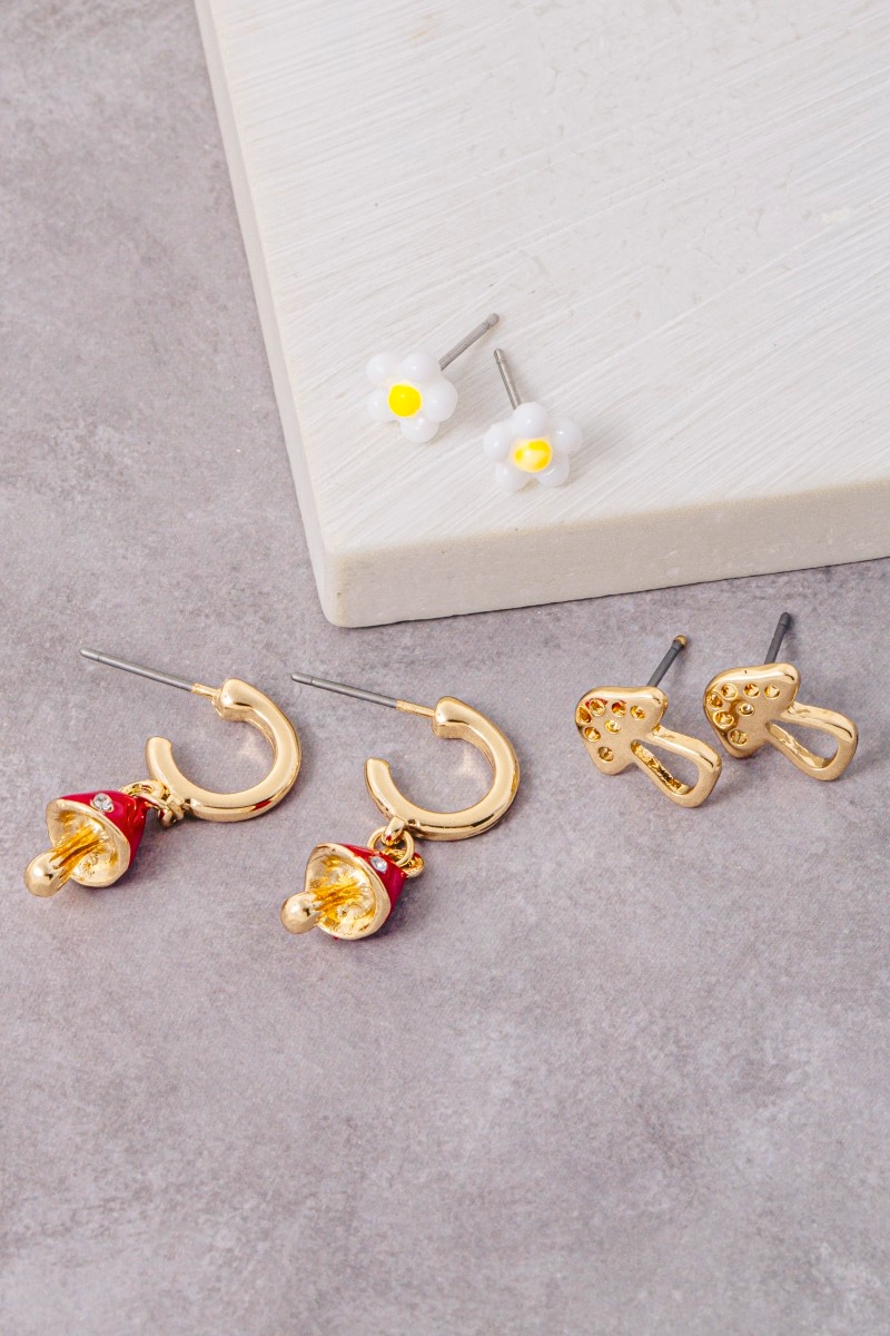 Enamel Mushroom And Flower Earrings Set
