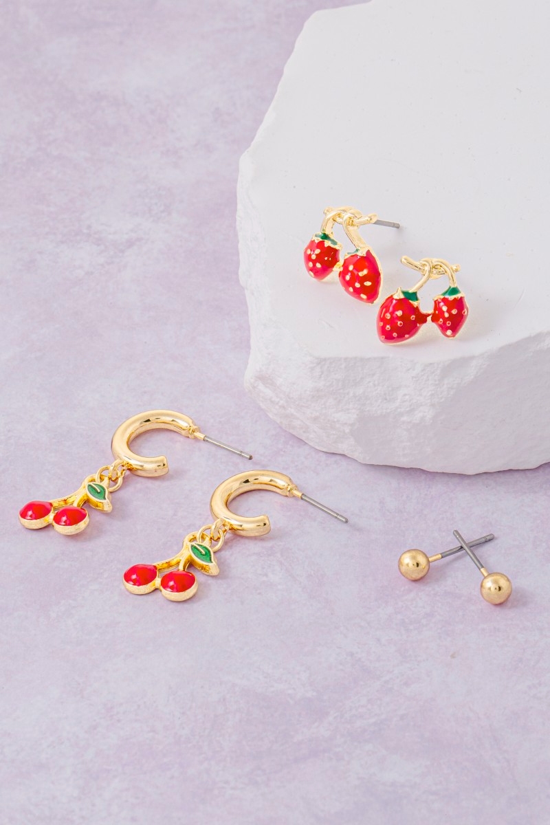 Enamel Cherries And Strawberries Earrings Set