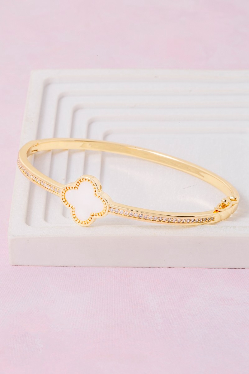 Gold Dipped Cz Mother Of Pearl Clover Hinge Bangle Bracelet