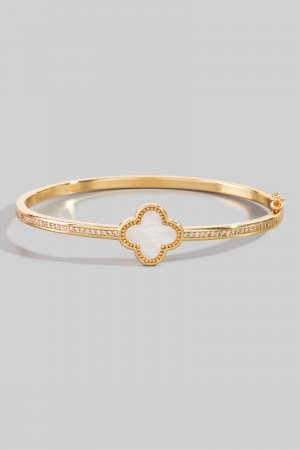 Gold Dipped Cz Mother Of Pearl Clover Hinge Bangle Bracelet