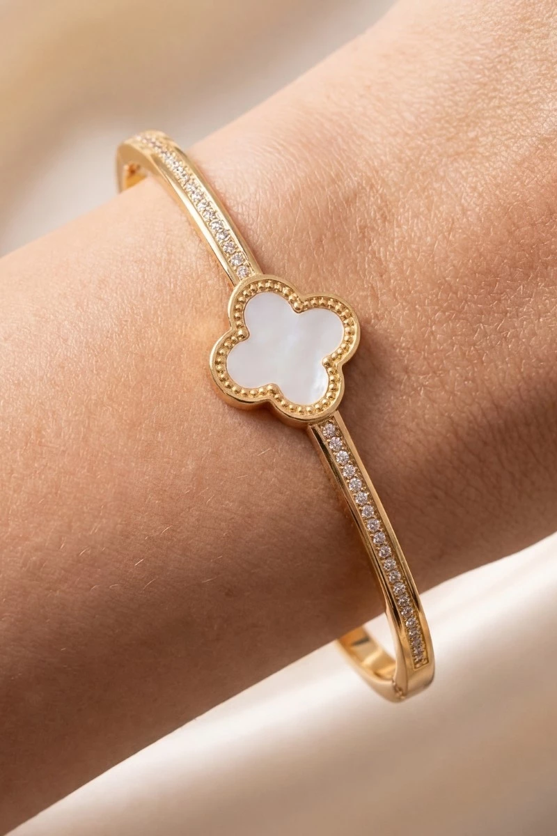 Cz Clover Hinged Bangle Bracelet