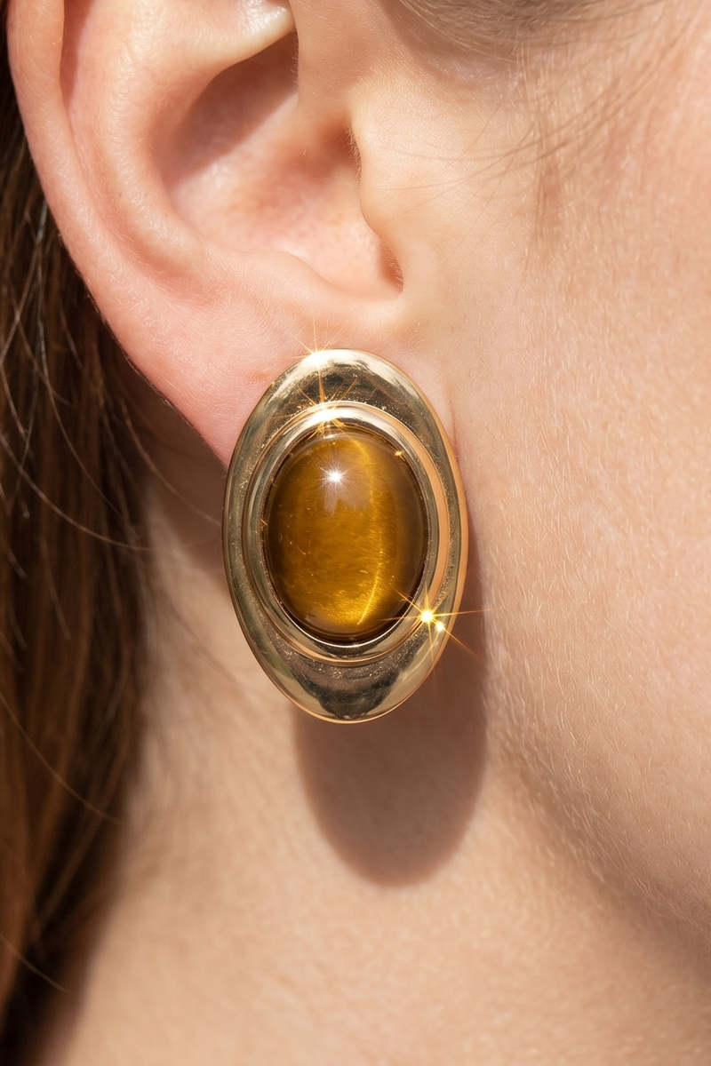 Tiger Eye Print Oval Cabochon Stud Earrings