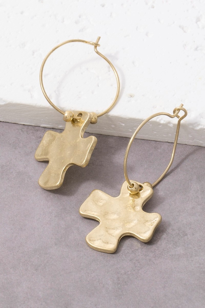 Hammered Cross Charm Wire Hoop Earrings