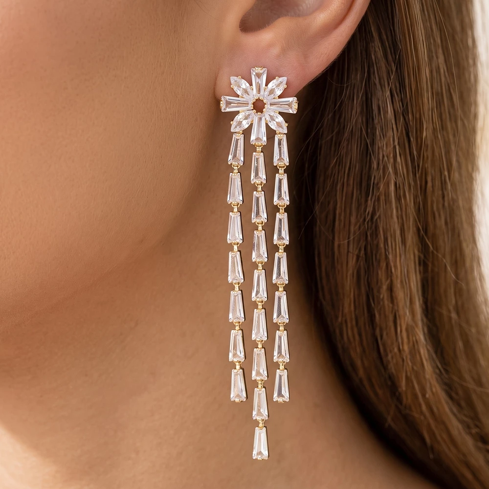 Cz Flower Baguette Tassel Drop Earrings