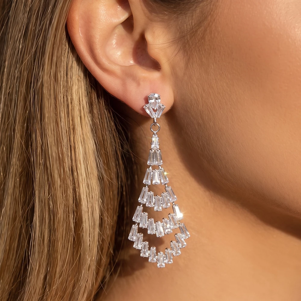 Cz Baguette Tiered Chandelier Drop Earrings