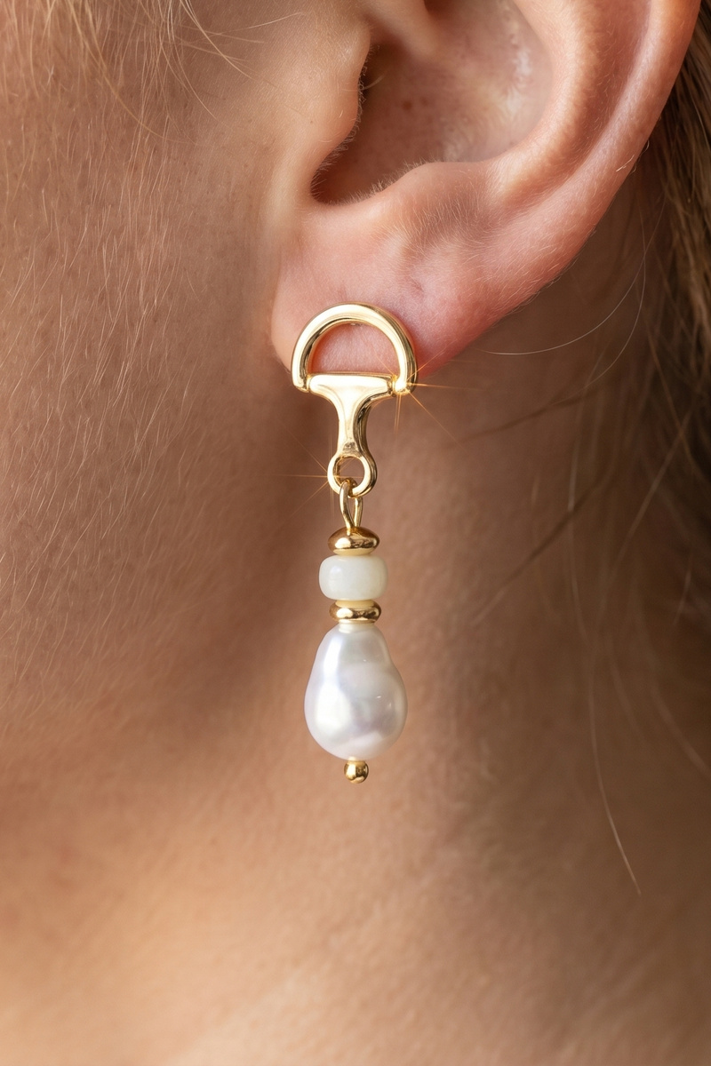 Faux Pearl Drop Horsebit Connector Earrings