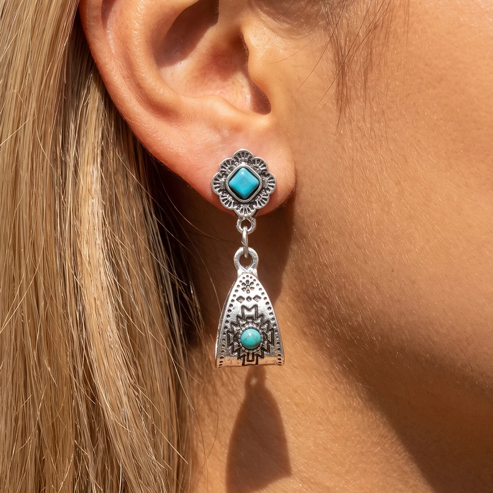Turquoise Concho Aztec Etched Bell Drop Earrings